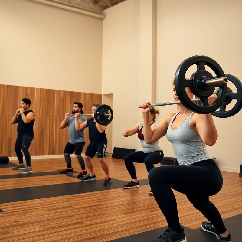 A coach leading a barbell strength class with six participants mid-squat