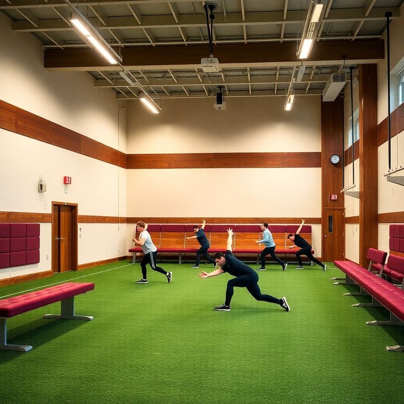 Warm gym interior with cream walls, walnut accents, and burgundy benches